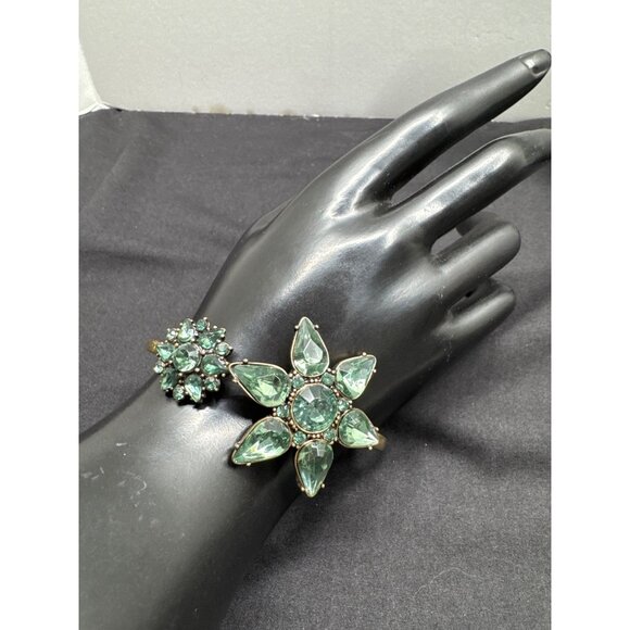 Vintage Gold Copper-Tone Hinged Cuff Bracelet With Large Green Gemstone Floral D - Picture 5 of 9